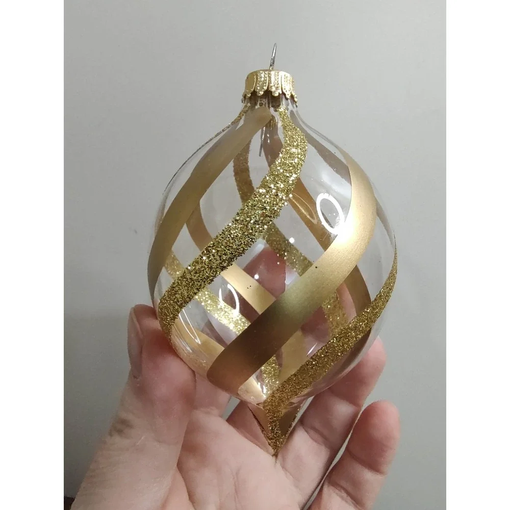 3 Vtg Krebs TEARDROP Glass Christmas Tree Ornaments Gold Glitter Satin Clear A12